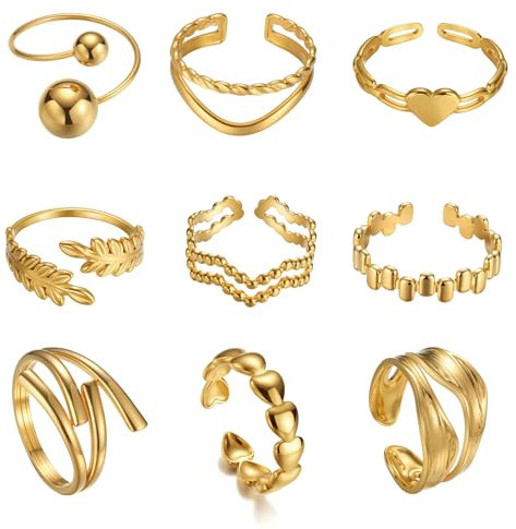 9 Stück Gold Ringe Set für Damen Edelstahl 18K Echte Goldplattierung Verstellbare Chunky Ringe für Frauen Mädchen