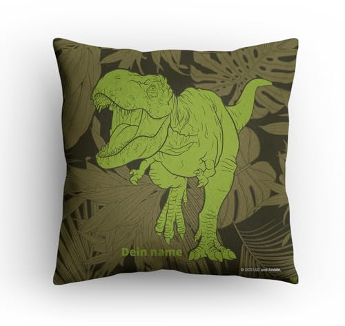 PICANOVA – Kissen Jurassic World mit Name - Personalisiertes Premium Dekokissen 40x40cm mit Füllung - Individuelles Kopfkissen für Kinder & Fans - Camouflage Dino Jungle