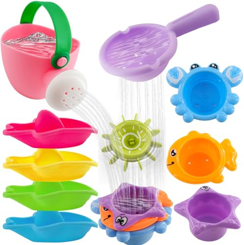 Baby Bath Toys for 1 2 3 4 Year Olds Toddler Kids, 10 pcs Water Play Swimming Pool Toys, Mold Free Stacking Cups Watering Can Bath Boats Water ToysBathtub Present for Boys Girls 1 2 3 Year Old Gifts