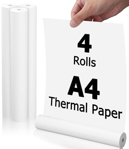 4 Rollen Thermopapier A4 für Tragbare Drucker, Thermodrucker Papier A4 | 210 x 30mm, 8.7m Lange Rolle, Thermal Paper, Schnell Trocknendes BPA, Freies Thermopapier für Datei, Etiketten und Belege