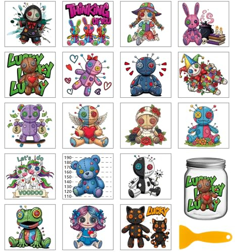GLOBLELAND 18 Sheets Voodoo Dolls Rub on Transfers Sticker for Crafts 3.9x3.6inch Vintage Halloween Magic UV DTF Cup Wraps Decals Stickers Retro Witchcraft Dolls Transfer Decal for Glass Bottle Decors
