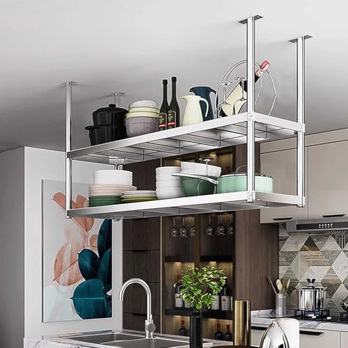 SXBHDM Schwebende Regale aus Edelstahl, 2-stufige Deckenregale, Küchenregal, Weinregal, Industrielle Ausstellungsregale, Hängendes Topf- und Pfannenregal für Restaurants(70x35x80cm)