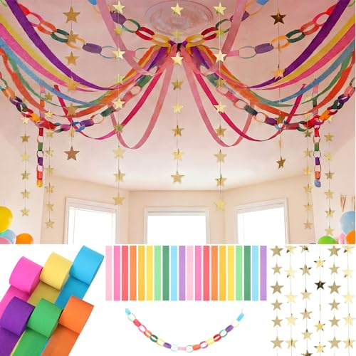 Frienda 300 Sheets Colorful Paper Chains Strips and 492 ft Crepe Paper Streamers, 52.8ft Gold Star Garlands Backdrop for Wedding Birthday Party Decorations DIY Crafts(Rainbow,Colorful)