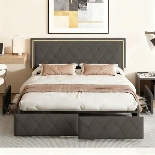 Hoscullo Polsterbett Schubladenbett 140x200 mit LED, Doppelbett mit 4 Schubladen, Jugendbett mit Lattenrost, Funktionsbett mit Verstellbares Kopfteil, Stauraumbett, Bequem, PU, Grau