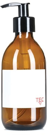 TEC 300ml Amber Glass Bottle with Pump Dispenser 1.4ml Output UK Made | Brown Small Soap Dispenser for Handwash Recyclable Refillable Labels Wrapped in Brown Sustainable Paper