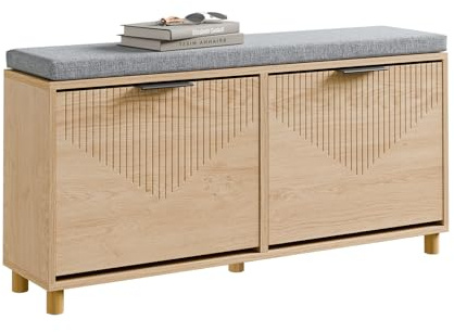 SoBuy Schuhbank mit Sitzbank 100x24x50 cm für Flur | Schuhschrank mit Sitzfläche, schmales Design, Holzoptik, ideal für kleine Wohnungen, FSR211-N