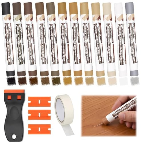 12 Farben Hartwachs Reparaturset, Laminat Reparaturset & Holz Reparatur Set, Reparatur von Kratzern, Löchern und Rissen für Parkett, Vinyl, Holz, Löchern Kratzern und Rissen