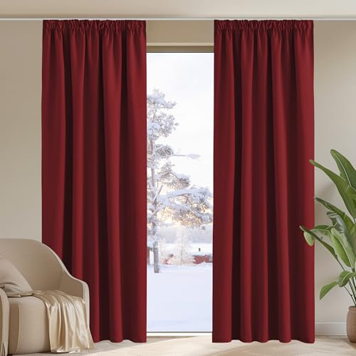PONY DANCE Thermogardinen Hitzeschutz Wohnzimmer Vorhang Blickdicht Kräuselband 2er Set H 245 x B 140 cm Rot, Verdunkelungsvorhang für Schiene Thermal Curtains Blackout Living Room