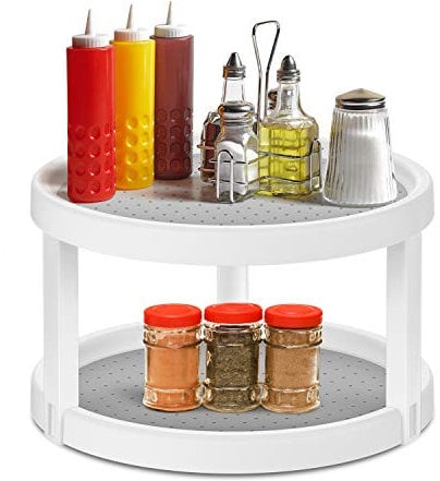 Kasimir Organizer Cucina a 2 Livelli, Portaspezie Girevole in plastica priva di BPA, Porta spezie Pratico per Cucina Bagno e Superficie di Lavoro - 20 kg caricabili, Ø25 x 15cm, Bianco