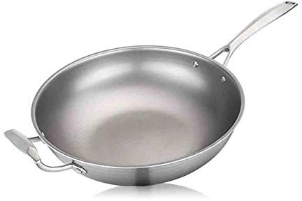 Materiale in titanio Wok a fondo piatto, Pan per uso domestico Pentola a induzione non rivestita, padella antiaderente universale a gas, wok della luce e resistente alla corrosione,32cm