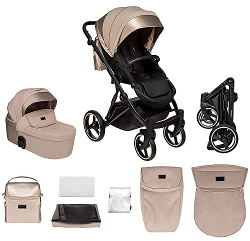 skiddoü 2in1 Oslo Buggy und Babywanne multifunktional Kinderwagen, klappbares Gestell, regulierbar, stoßgedämpfte Räder Moskitonetz Fußschutz Regenschutzfolie Tasche beige