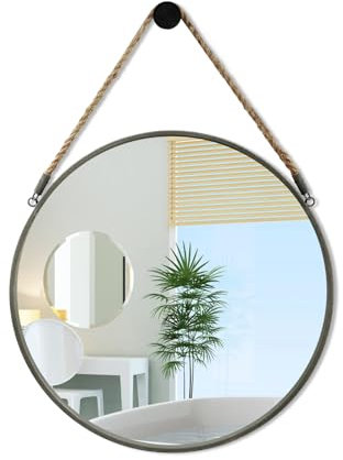 POZINO Miroir Mural Rond de 38,1 cm avec Cadre en métal Finition Rustique avec Corde de Suspension pour Salle de Bain, Chambre à Coucher, Salon, dortoir ou entrée
