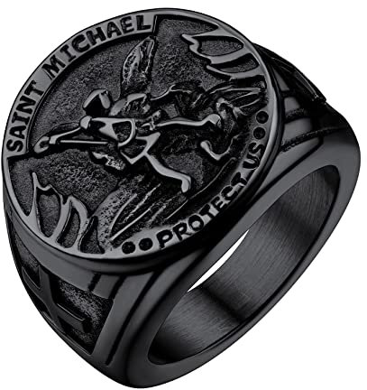 U7 Herren Siegelring mit St. Michael der Erzengel Porträt Schwarz Katholischer Schutzpatron Ring Fingerring religiöser Modeschmuck Accessoire für Männer(Ring Größe 64)