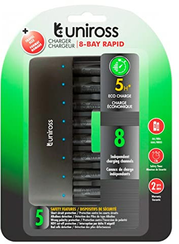 Uniross Caricabatterie Rapido per Batterie Ricaricabili AA / HR6 - AAA / HR03 con 8 Canali di Carica Indipendenti Alimentato da Cavo USB