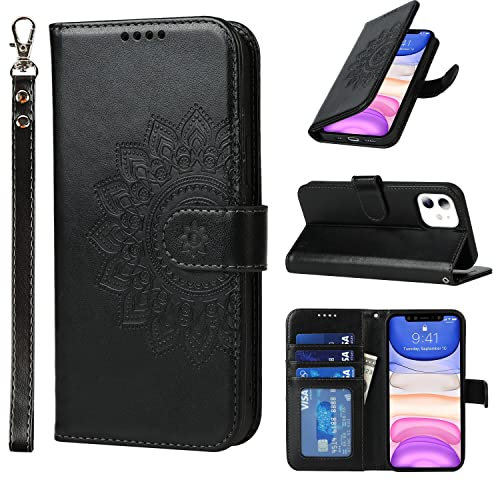 ELTEKER Handyhülle iPhone 11 Hülle Klapphülle mit Kartenfächern Magnetverschluss und Eleganter Prägung, PU Lerder Schutzhülle für iPhone 11, Schwarz