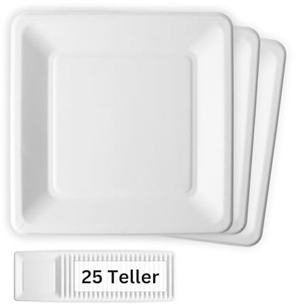 Linario Platos para barbacoa, 4 cuadrados, aprox. 25 cm, biodegradables, sin plástico, respetuosos con el medio ambiente, 25 unidades por paquete