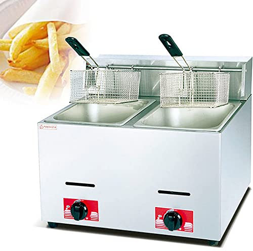 SHENGSHIYU Freidora De Gas Comercial De 6/12l, Freidora De Acero Inoxidable, Gran Capacidad con Tapa De Cesta, Freidora Simple/Doble, Restaurante, Hogar, Cocina,Two-cylinderfryer