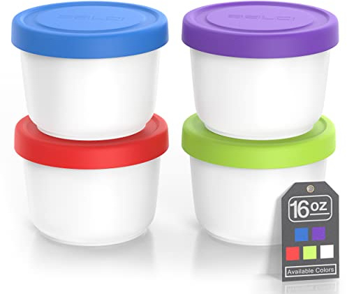 BALCI 16oz Ice Cream Containers - Set of 4 (Multicolor) | 1 pint reusable freezer food storage containers with silicone lids. Leakproof design for homemade ice cream.