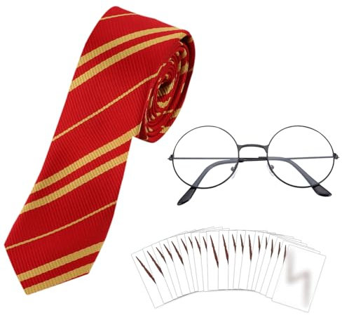HOWAF Zauberer Kostüm mit Krawatte Zauberer Brille mit runden Rahmen Keine Gläser Blitz Tattoos Cosplay Kostüm Halloween Kostüme für Kinder Jungen Mädchen Geburtstag Halloween Fasching Karneval Kostüm