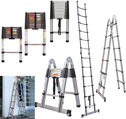 HSHa 3.8M Heavy Duty Telescoping Ladder, Foldable A Frame Attic Ladder Telescopic, Stainless Steel 12 Steps Multipurpose Portable Ladder Silver 1.9M+1.9M(3.8M/12.5FT) ladder