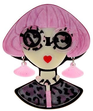 Broche CERSEYSTYLE Visage Femme Lunette Style Léopard Rose Acrylique 6,5 x 5 cm