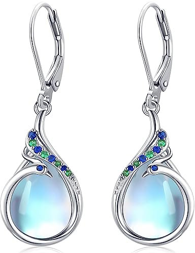 Phönix Mondstein Ohrring Sterling Silber 925 Mondstein Damen Ohrring Tropfen Hängend Ohrringe Hypoallergen Schmuck für Frauen Mädchen