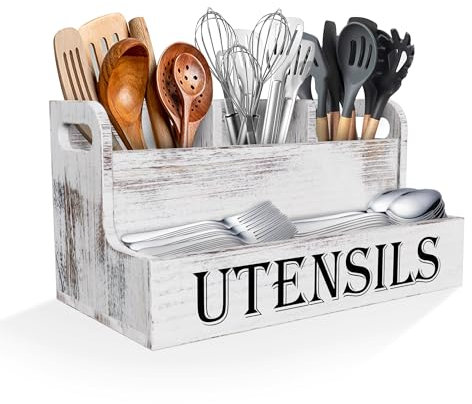 Suli Soporte grande para utensilios de cocina de 2 niveles con 3 compartimentos, organizador de utensilios de madera blanca para encimera de cocina, decoración de cocina de granja, utensilios de