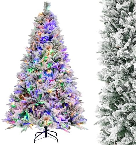 COSTWAY 180 cm Künstlicher Weihnachtsbaum mit Beleuchtung, Schnee und Zapfen, Tannenbaum mit 8 Lichtmodi, 850 PE PVC Zweigspitzen, Christbaum, Kunstbaum Weihnachten für Zuhause, Büro, weiß