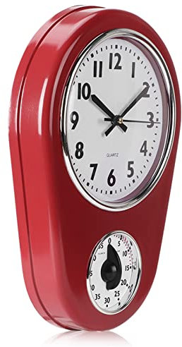 KIMISS Küchen-Wanduhr Mit Timer, Rot, ABS-Glas, Vintage-Stil, Große Uhr, Heim-Küchen-Timer
