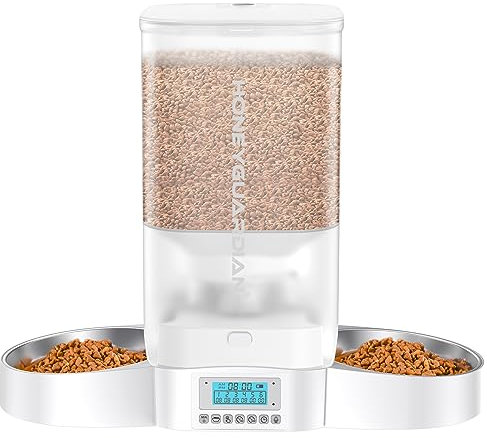 HoneyGuaridan comedero automático para Gatos 2 Cuencos, distribución Uniforme comedero para Gatos, 5L comedero Temporizador en el diseño de Sellado Total, 10s grabación de Voz, 1-6 Comidas/día