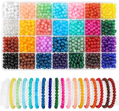 JOISHOP 840 pièces de perles rondes en verre pour kit de fabrication de bracelets, 28 couleurs, perles de jade imitation de 6 mm, perles de pierres précieuses en cristal pour la fabrication de bijoux,