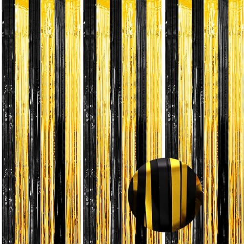 SAHMVER 3 Pcs Christmas Foil Fringe Curtain, Black Gold Metallic Tinsel Curtains Streamers for Photo Backdrop, Doorways, Party Decorations for Birthdays, Baby Showers, Wedding