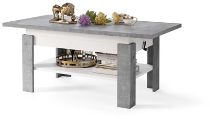 All4All Couchtisch Rino - Kaffeetisch - Wohnzimmertisch mit Ablage - Sofatisch - ausziehbar bis 170cm - höhenverstellbar - 130x65cm - 05 - Beton + Weiß