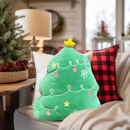 AKTOUR Cuscino vintage a forma di albero di Natale, cuscino decorativo natalizio imbottito per casa, camera da letto, divano, decorazione regalo festivo, raso lungo (verde, uno si