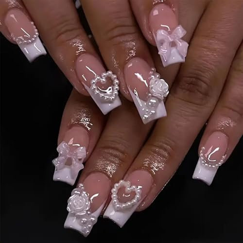 Calkkrer 24 pezzi elegante stampa quadrata lunga con perline 3D, fiori, cuore e fiocco, unghie finte da incollare, unghie finte francesi da donna