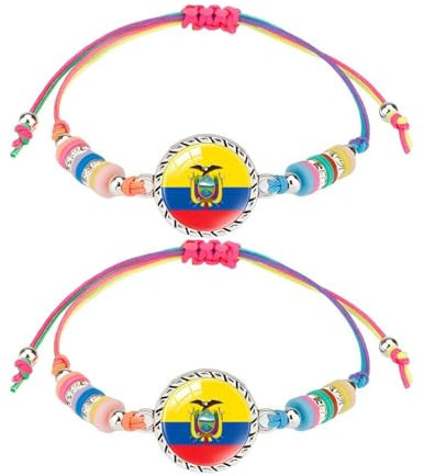 ZENRUIMING 2 pulseras de cuerda trenzada de la bandera de Ecuador, pulsera de cristal trenzado ajustable hecha a mano, pulsera de animación de juego de fútbol, recuerdo turístico de Ecuador,