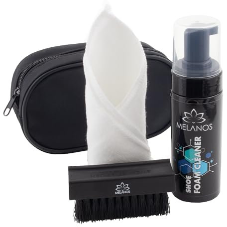 Melanos Kit Per La Pulizia Scarpe Tre Pezzi | Kit Include 150 ml Detergente Schiumoso Scarpe, Spazzola Scarpe E Panno Microfibra, Confezionato Borsa Cerniera Nylon, Elegante, Alta Qualità, Professiona