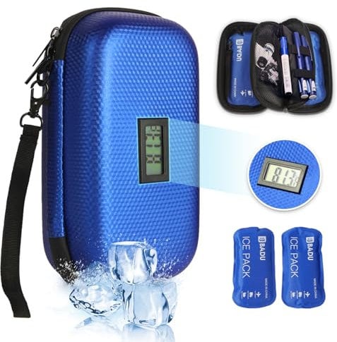 Insulinkühler Reisekoffer TSA genehmigte Medikament Diabetischer Kühler für Reisen mit Thermometer Temperaturanzeige Kühler Medizin Organizer Tasche mit 2-Eis-Pack (blau)