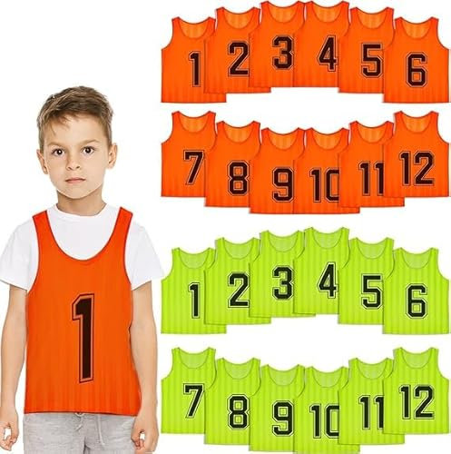 Malloom 24 Stück Fußball Leibchen für Kinde, Grün & Orange Mesh Sport Trainingsleibchen, Wendbare Nummerierte Trainingswesten für Fussball Volleyball Basketball Teamtraining