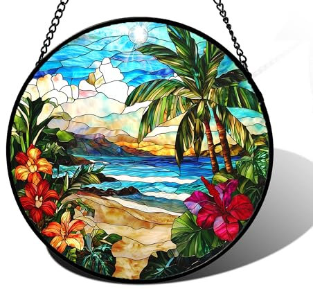 DASTOLL Stained Glass Window Hanging, Blue Beach Scenery Suncatcher Diamond Glass Panel Hangings Sun Catchers Decor for Birthday for Women, Men, Wife, Aunt, and Mom 9.8 in