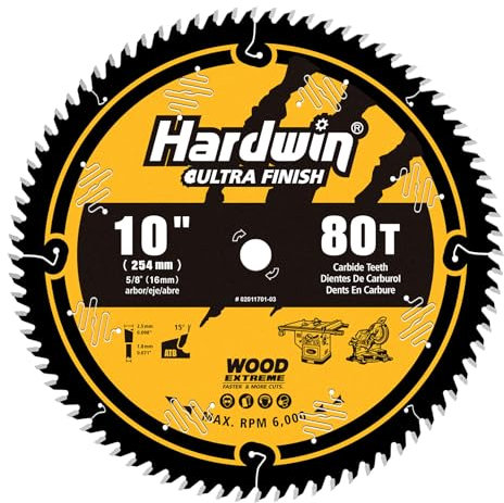 Hardwin 10-Inch 80-Teeth ATB Circular Saw Blade with 5/8 Inch Arbor, Ideal for Miter Saws and Table Saws, Professional Blade for Cutting Wood, Plywood, and Wood Composites