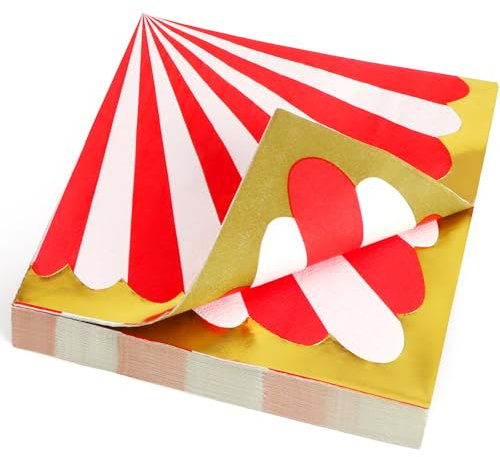 PARTY GO Servietten Geburtstag 33x33cm 40 Stück, Servietten Rot Zirkus-Thema Einweg Papierservietten für Deko Geburtstag, Partys, karneval, Kinderparty Tischdeko, Rot und Weiß Gestreift