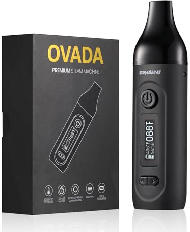 OVADA Vaporizer Gemini LED Bildschirm, Edelstahlkammer (Stainless steel), Reinigungsbürste + Ladekabel, Temperaturbereich (93-220 °C), 2200 mAh Akku, Verdampfer Kräuter (Nikotinfrei) (Schwarz)