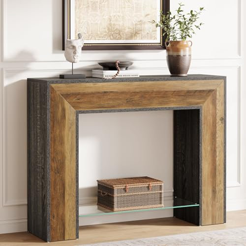 Tribesigns Mesa Consola de 105 cm, Mesa de Pasillo Estrecha con Estante de Cristal, Estación de Sofá de Entrada Larga y Delgada, Soporte de Pasillo para Entrada, Sala de Estar, Marrón y Negro