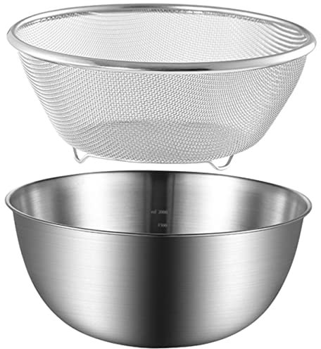 CHICAMPERA Stainless Steel Colander Strainer Set 2pcs 24cm, Kitchen Rice Drainer Bowl and Wire Mesh Vegetable Strainer for Washing and Rinsing
