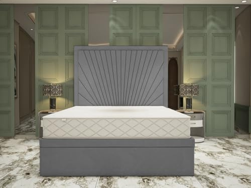 YB INTERIORS LTD Divan Bed Frame Including Designer 49'' High Headboard – Divan Ottoman Storage Bed Frame – Plush Velvet Storage Divan Bed With Side Lift Up ottoman storage (Grey, 3FT Single)