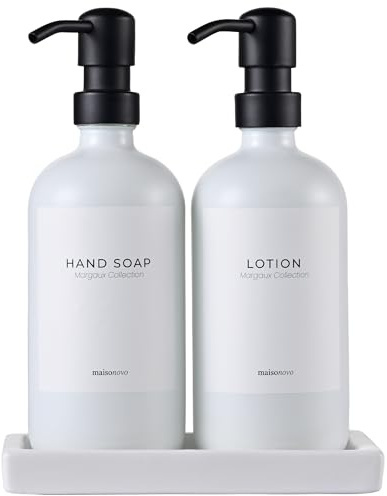 MaisoNovo Distributeur Savon Verre Salle De Bain Lot de 2 - Blanc Distributeurs De Savon Et De Lotion avec Pompe Noir, Plateau en Céramique Blanc, Étiquettes Imperméables