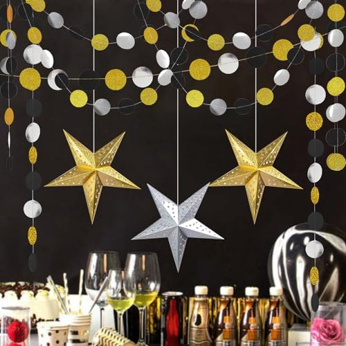 7 Stück Silvester Set Papiersterne zum Aufhängen 30cm Faltstern, Set Papiersterne zum Aufhängen, Party deko schwarzes Goldpapier Girlande für Silvester Party Banner Party Dekorationen Neujahr Deko