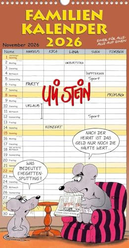 Uli Stein - Familienplaner 2026 - Lappan-Verlag - Familienkalender mit lustigen Illustrationen und 5 Spalten zum Eintragen - Monatskalender - 23 cm x 46 cm