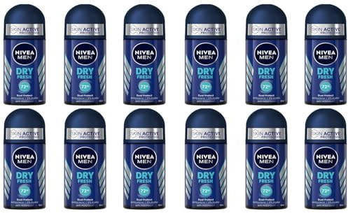 12x NIVEA MEN Dry Fresh Deo Roll-On (Skin Active Protection) mit Dual Active Formel,Anti-Transpirant Deodorant für 72h intensive Frische auf der Haut,ohne Alkohol,50ml (12er Pack)